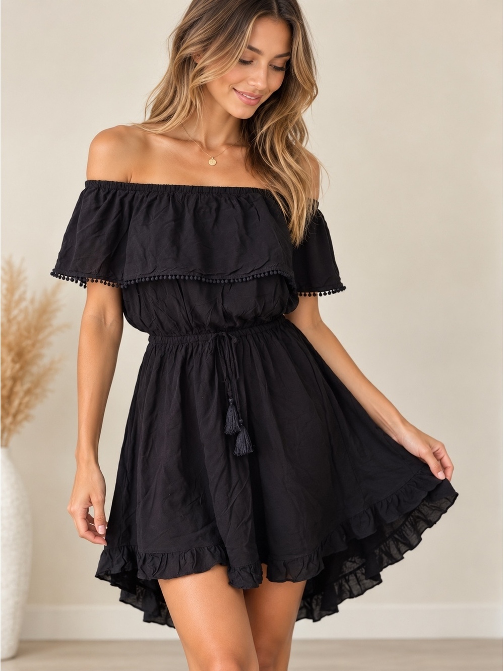 Victoria’s Secret Black Off Shoulder Ruffle Mini Dress S Boho Pom Pom